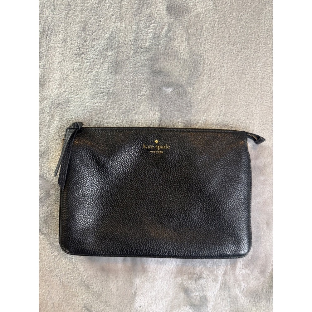 Kate Spade Pouch Clutch Pebbled Leather Black Top Zipper Wristlet